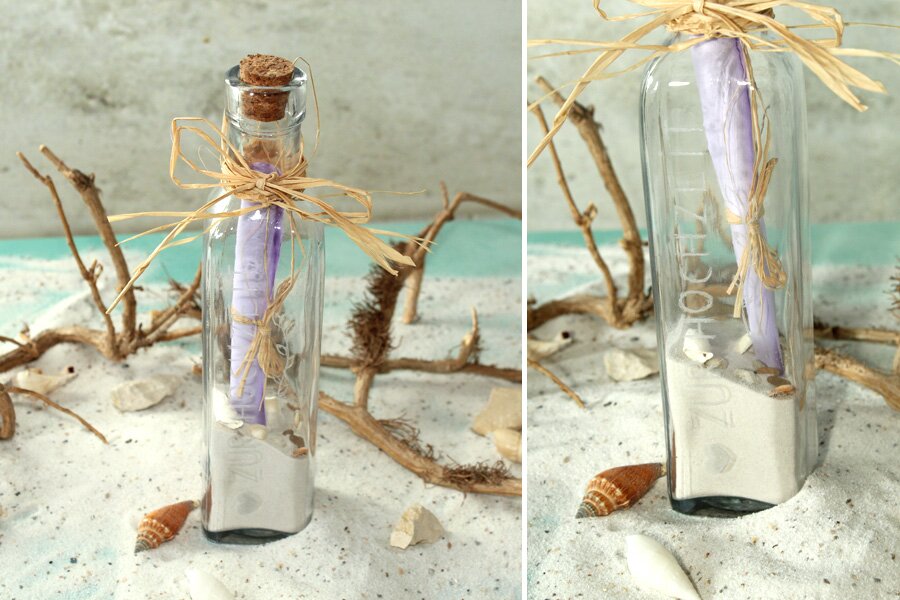 Geschenkidee: Flaschenpost zur Hochzeit mit Glasgravur