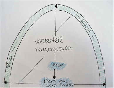 Hausschuhe selber nähen: Vorlage vorne Hausschuhe selber nähen mit Vorlage