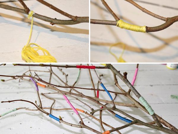 Anleitung: bunter Osterstrauch - Äste verzieren Äste mit bunten Bändern und Garn verzieren