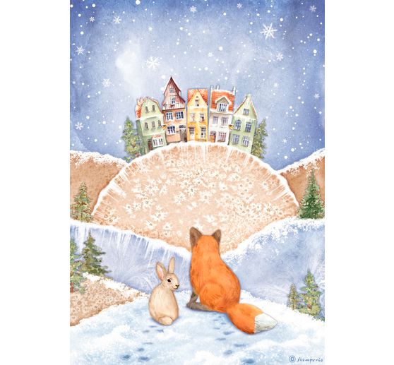 "Zimowa dolina - lis i zając" słomkowa jedwab z motywem