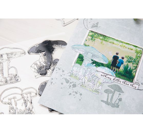 Szablon do wykrojników Sizzix Framelits i stemple Clear Stamps "Painted Pencil Mushrooms".