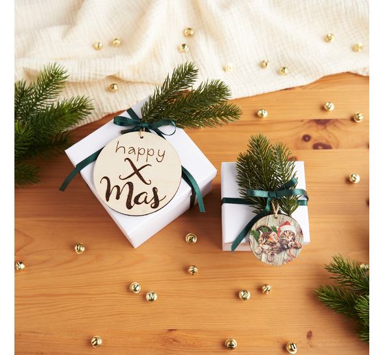 Drewniane ozdobne zawieszki "Round" ze wstążką, zestaw 4 sztuk