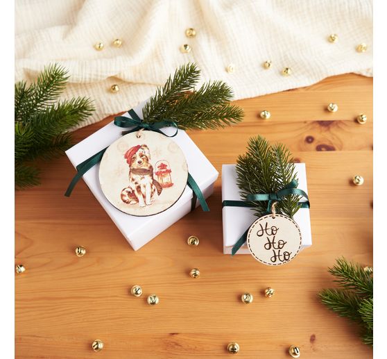 Drewniane ozdobne zawieszki "Round" ze wstążką, zestaw 4 sztuk