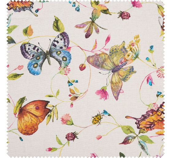 Decoration fabric linen optics "Butterflies and flowers"