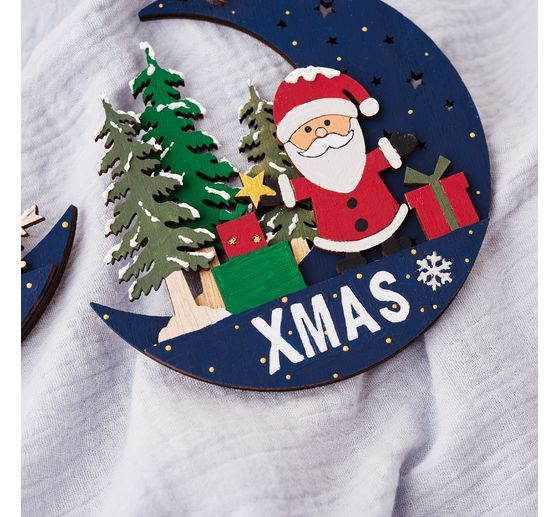 VBS Wooden decoration pendant "Half moon with Santa and Snowy", set of 2