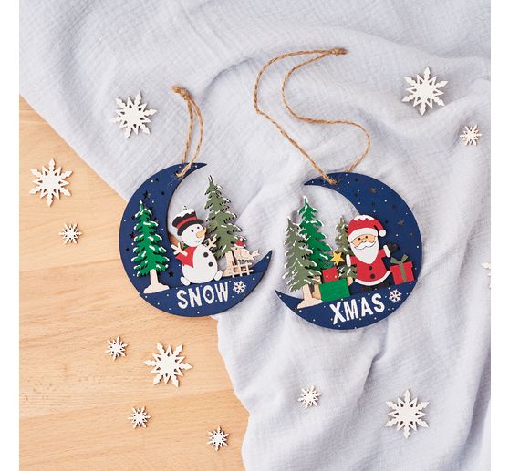 VBS Wooden decoration pendant "Half moon with Santa and Snowy", set of 2