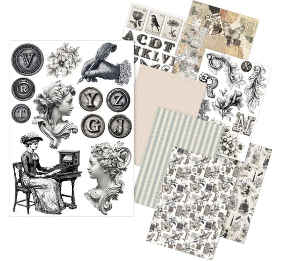 Motyw papier ryżowy asortyment "Typographic", zestaw 8 sztuk