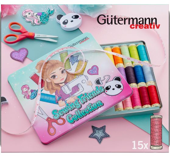 Zestaw nici do szycia G&uuml;termann Sewing Friends Collection Box 15 x 100 m, z akcesoriami